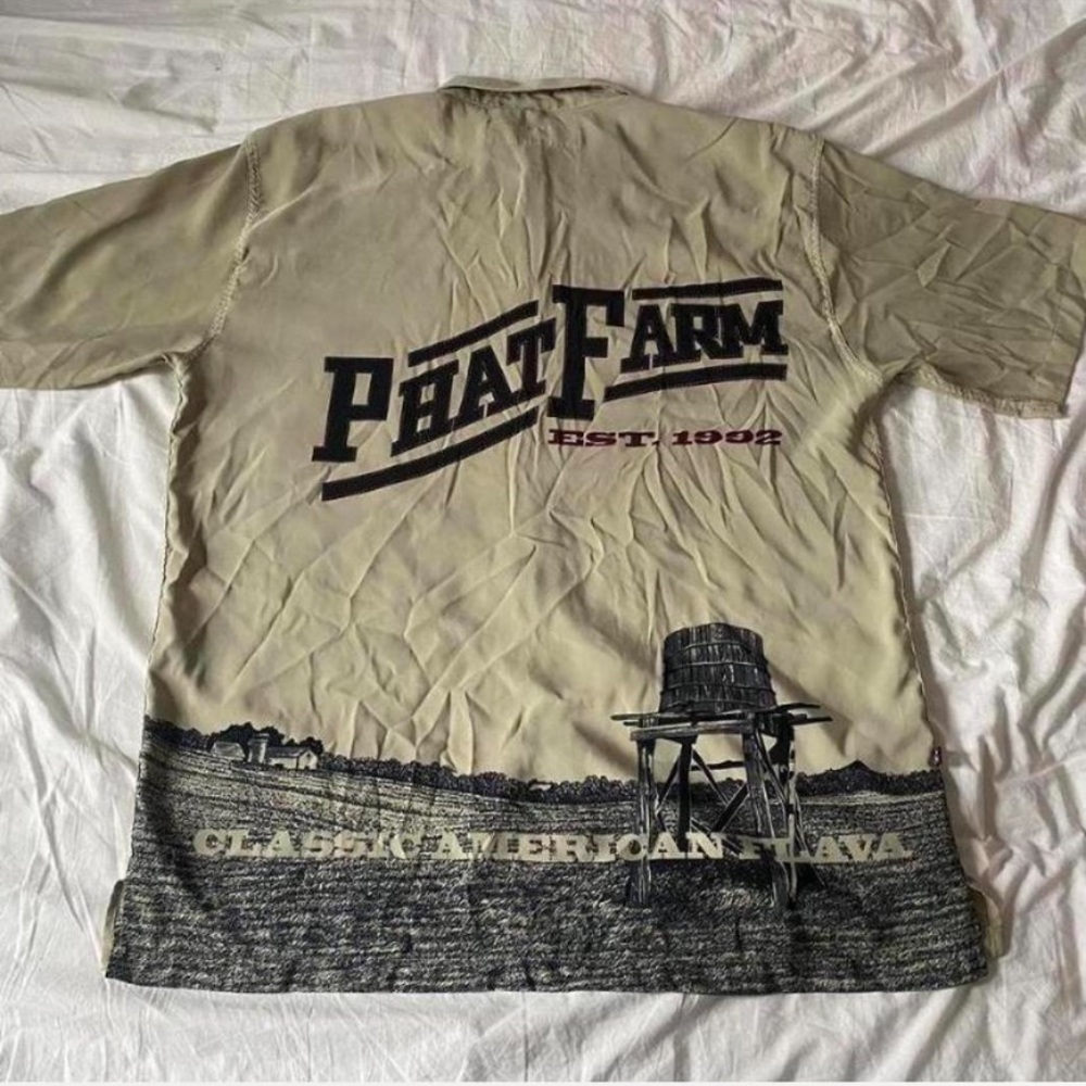 Phat Farm Men's Olive Graphic Button Down Shirt